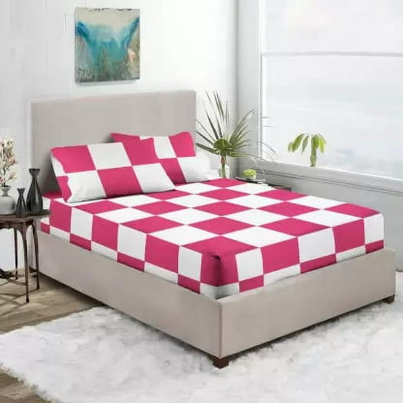 Premium 400TC Luxury Chex Fitted Sheet 3 Piece Set - Soft 100% Egyptian Cotton with 12" Inch Deep Pocket Box Pattern Fitted Bottom Sheets & Pillowcases - White & Pink Solid, Full-XL Size.