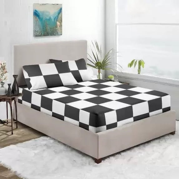 Premium 400TC Luxury Chex Fitted Sheet 3 Piece Set - Soft 100% Egyptian Cotton with 15" Inch Deep Pocket Box Pattern Fitted Bottom Sheets & Pillowcases - White & Dark Grey Solid, Olympic Queen Size.