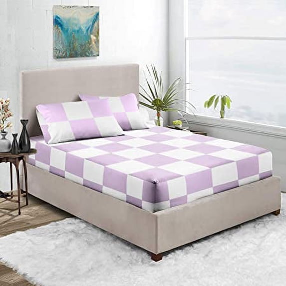 Premium 400TC Luxury Chex Fitted Sheet 3 Piece Set - Soft 100% Egyptian Cotton with 15" Inch Deep Pocket Box Pattern Fitted Bottom Sheets & Pillowcases - White & Lavender Solid, Twin Size.