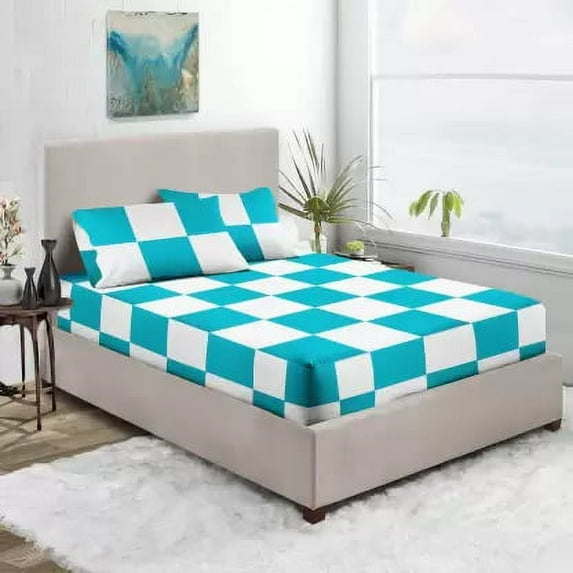 Premium 400TC Luxury Chex Fitted Sheet 3 Piece Set - Soft 100% Egyptian Cotton with 15" Inch Deep Pocket Box Pattern Fitted Bottom Sheets & Pillowcases - White & Light Blue Solid, Olympic Queen Size.