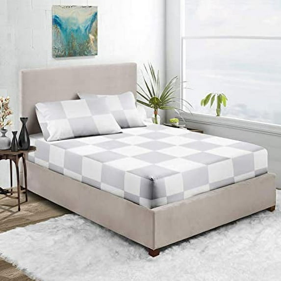 Premium 400TC Luxury Chex Fitted Sheet 3 Piece Set - Soft 100% Egyptian Cotton with 30" Inch Deep Pocket Box Pattern Fitted Bottom Sheets & Pillowcases - White & Light Grey Solid, Full-XXL Size.