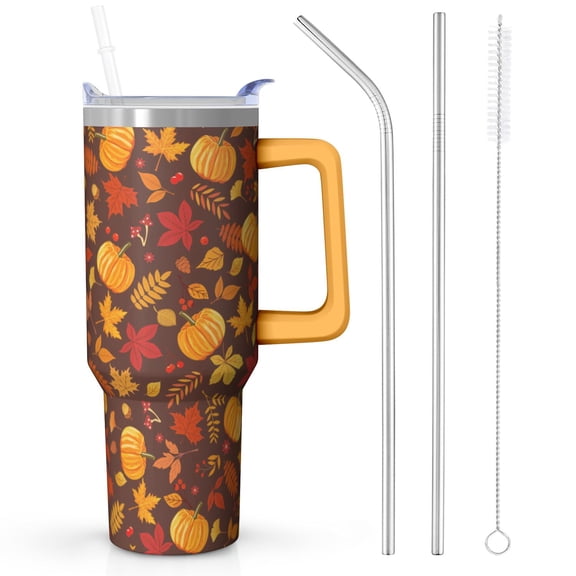 Premium 40oz Fall Tumbler Set: Cup, Lid, Handle & 4 Straws | Autumn Harvest Pattern | Gift Box for Friends Women Teacher
