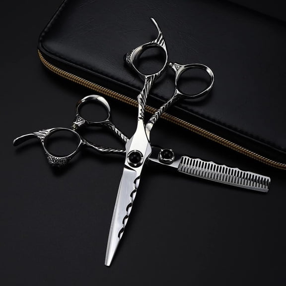 Premium 440C Steel Haircutting Scissors Kit with Decorative Filigree Handles, 6" Professional Barber Shears and Texturizing Scissor Set, Ergonomic Styling Tools with Protective Case, Silver