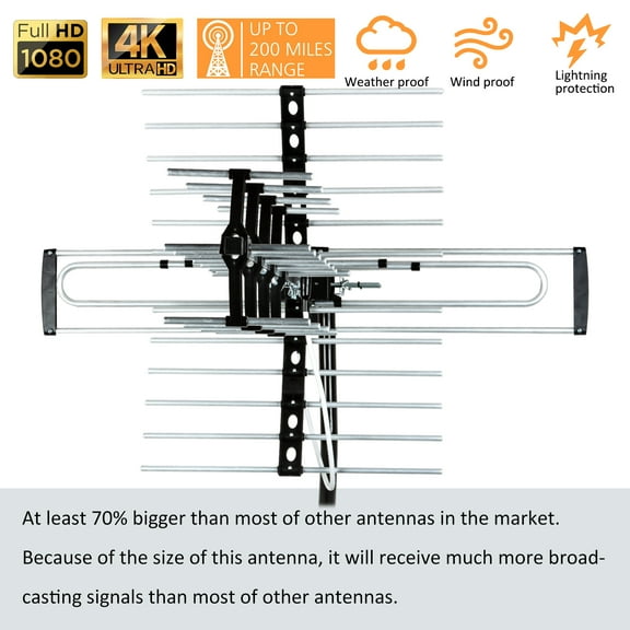 Premium 4K HD Outdoor TV Antenna - 200 mile Range, VHF UHF Signal, ATSC 3.0 Ready, Easy Installation