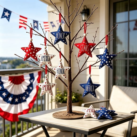 Premium 4th of July Star Pendant Set, 6 Pieces Soft Fabric Hanging Decor, Exquisite Small Ornament for Retail Display Indoor Patriotic Themed Arrangement