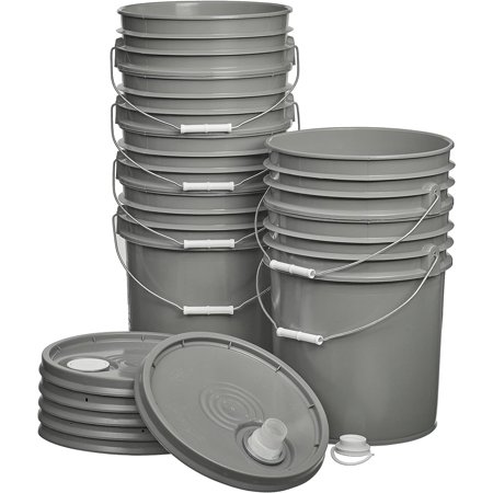 Premium 5 Gallon Bucket With Rieke Lid, HDPE, Gray, 6 Pack