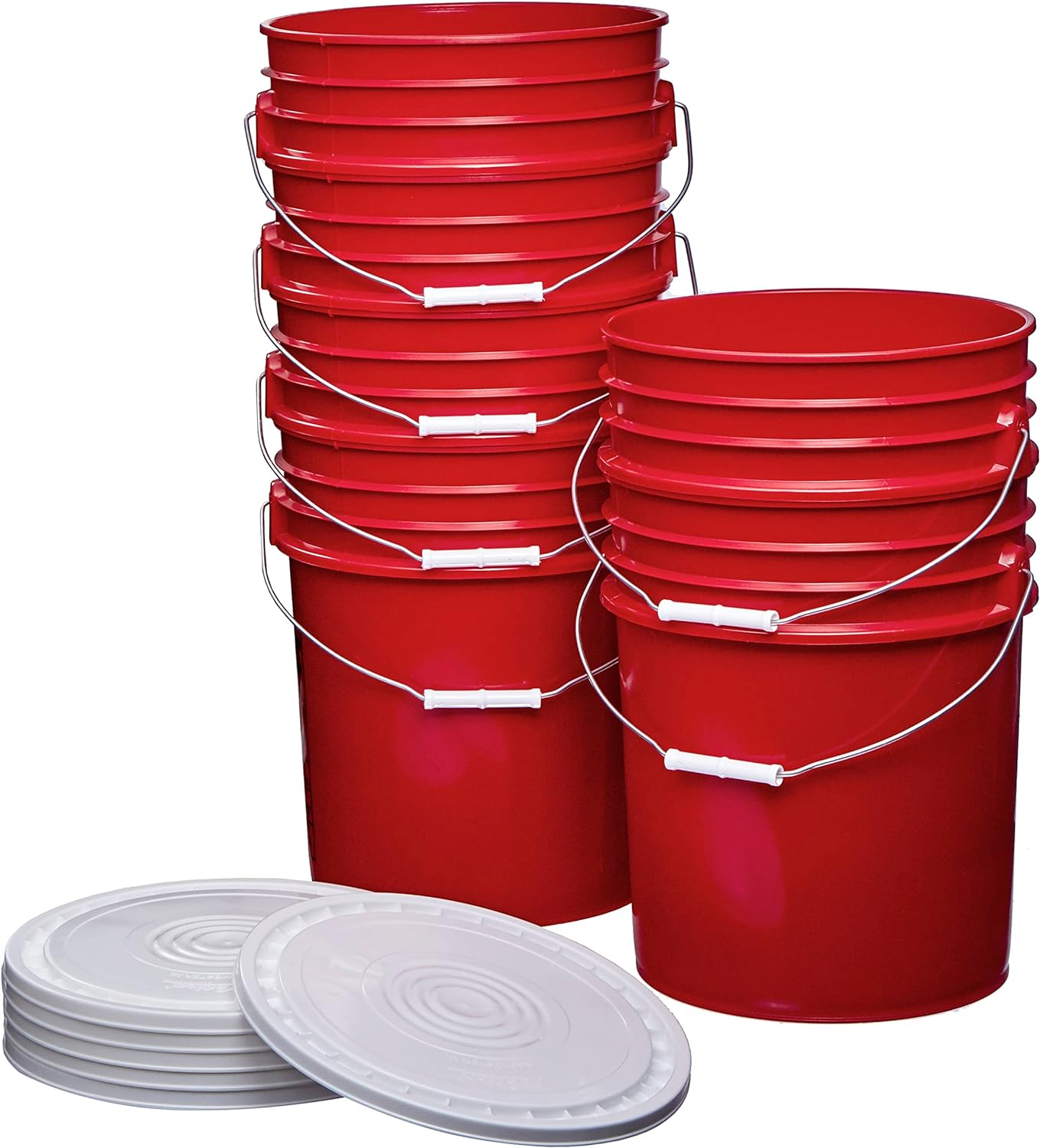 Premium 5 Gallon Bucket with White Lid, HDPE, Red, 6 Pack