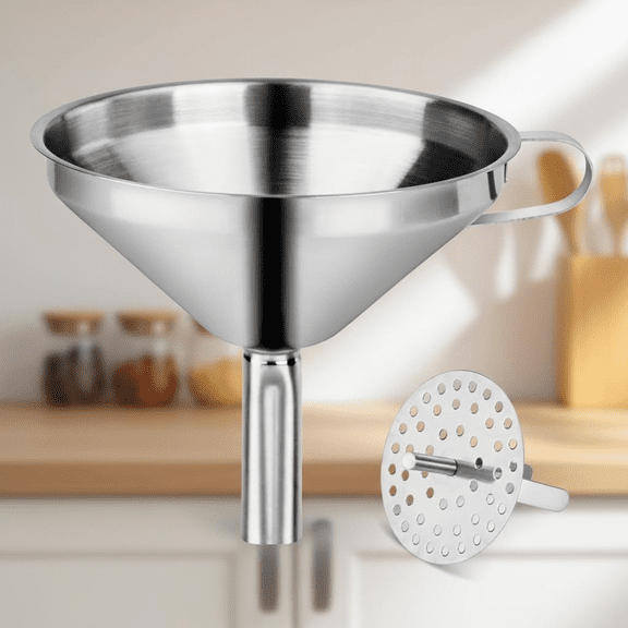 Premium 5-Inch Stainless Steel Funnel with Removable Filter and Detachable Strainer for Kitchen, Bar, and Professional Food Service Use