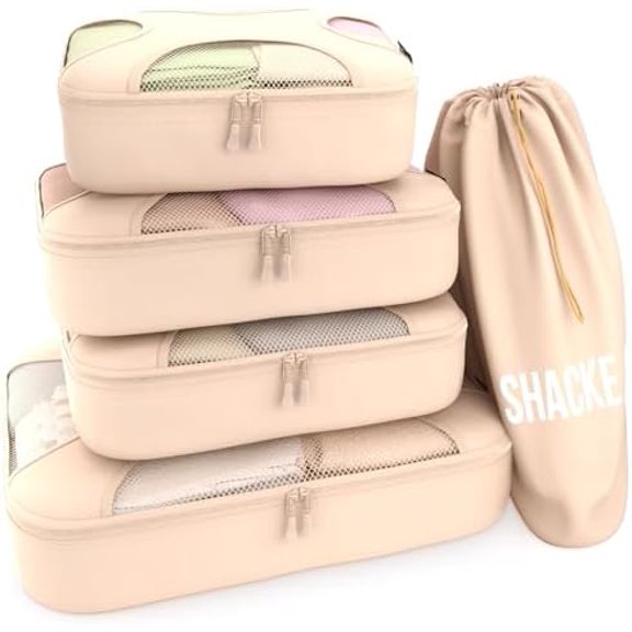 Premium 5 Packing Cubes Set - Lightweight Mesh Travel Luggage Organizers with Laundry Bag, 5-Piece Suitcase Storage System (Cream)