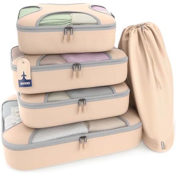 Premium 5 Packing Cubes Set - Lightweight Mesh Travel Luggage Organizers with Laundry Bag, 5-Piece Suitcase Storage System (Nude Beige)