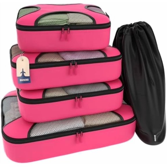 Premium 5 Packing Cubes Set - Lightweight Mesh Travel Luggage Organizers with Laundry Bag, 5-Piece Suitcase Storage System (Precious Pink)