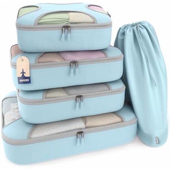 Premium 5 Packing Cubes Set - Lightweight Mesh Travel Luggage Organizers with Laundry Bag, 5-Piece Suitcase Storage System (Sky Blue)