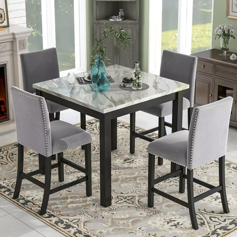 Premium 5 Piece Counter Height Dining Set Square Faux Marble Table 4 Upholstered Chairs Grey Walmart