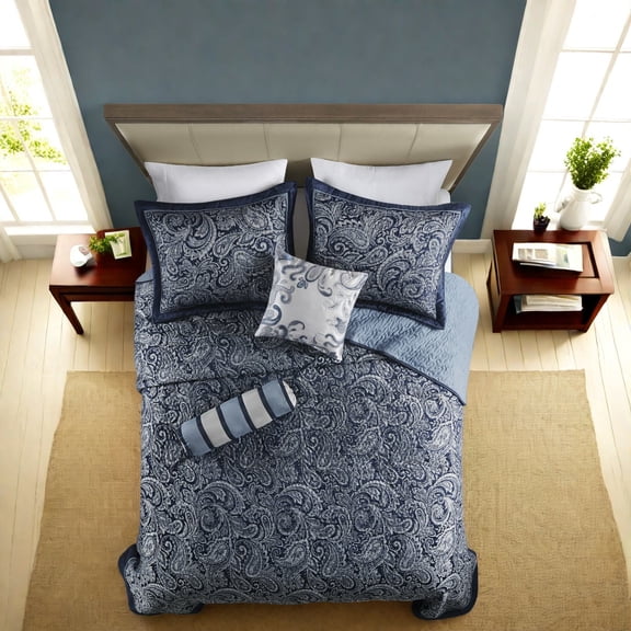 Premium 5 Piece Jacquard Bedding Set Durable Cotton Fill Classic Navy Paisley Design for King Beds