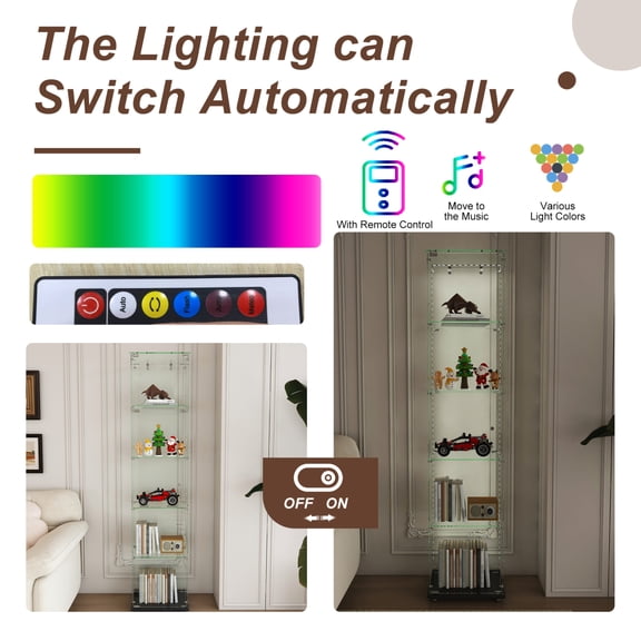 Premium 5-Tier Glass Display Case with 5 LED Modes - Tempered Glass Single-Door Display Cabinet for Collectibles/Decor Floor-Standing for Home/Office Easy Assembly