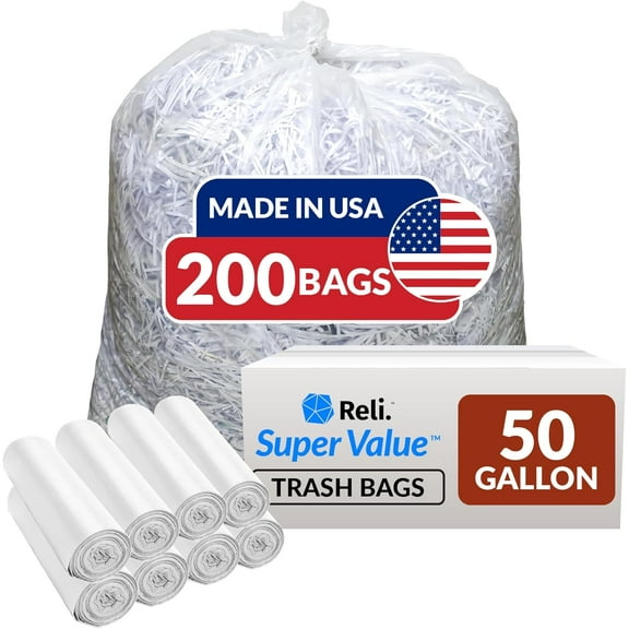 Premium 50 Gallon Trash Bags | 200 Count | Made in USA | Heavy Duty | Bulk | SuperValue | Clear Multi-Use Garbage Bags