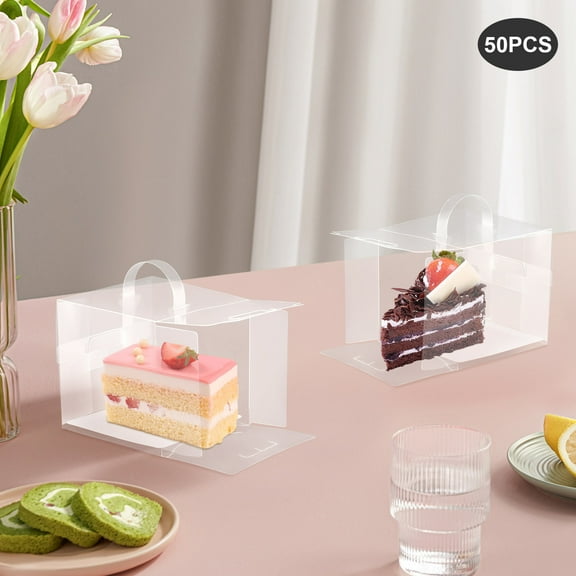 Premium 50-Pack Clear Cake Boxes, 11x11x11cm PET Pastry Containers with White Boards, Stackable Dessert Display for Retail