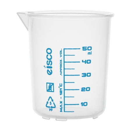 Premium 50mL Beaker - Polypropylene Plastic, Blue Screen Printed, 5mL Graduations - Eisco Labs