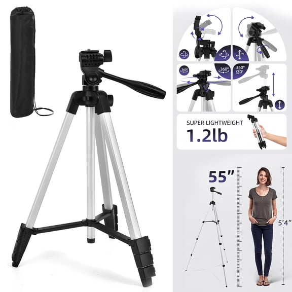 Premium 55" Aluminum Tripod for Laser Levels, Lightweight Stand with 360 Pan Head, High-Visibility Green Level & Quick Release 1/4"-20 Mount, Silver