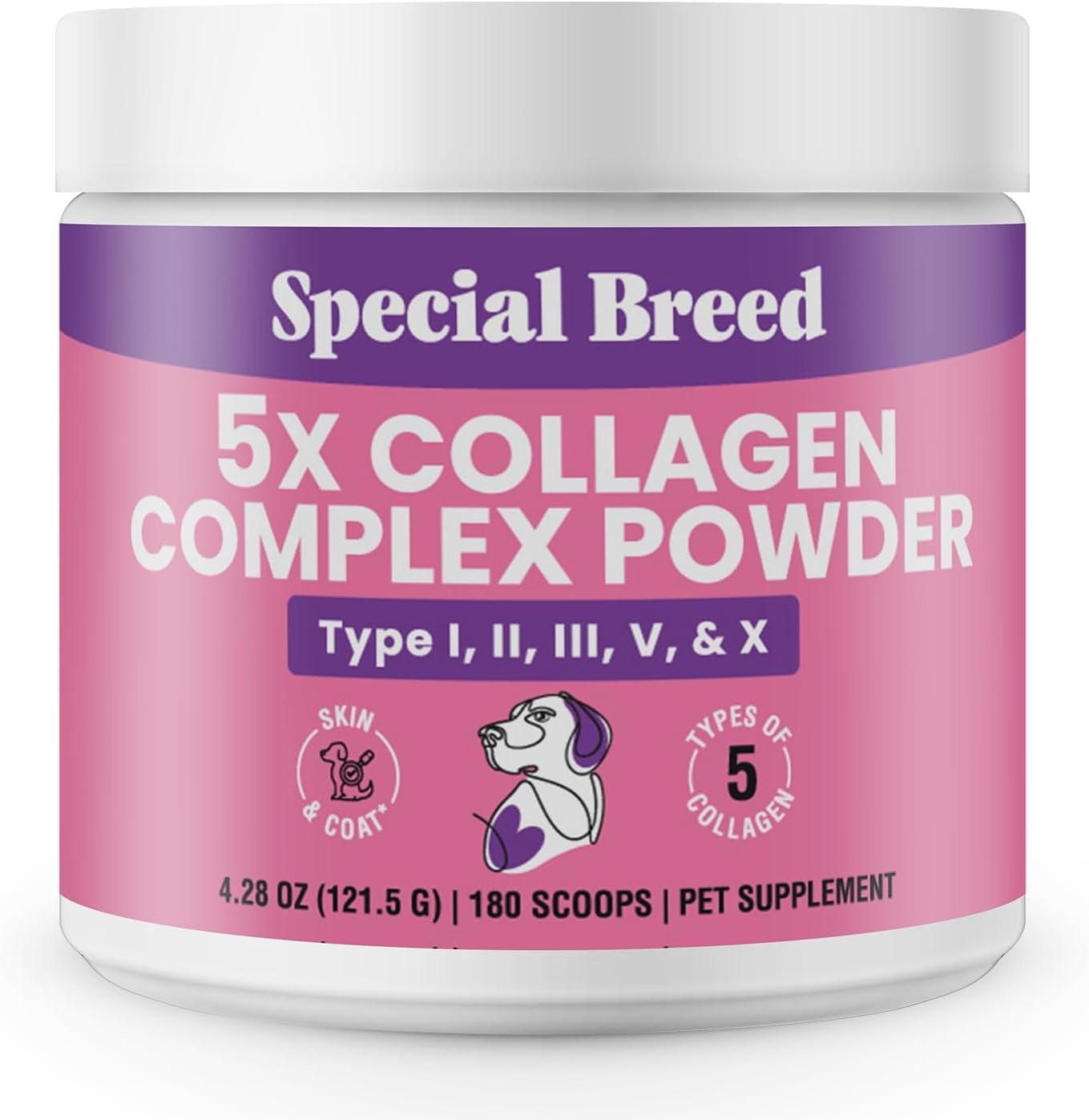 Premium 5X Collagen Powder for Dogs - Types I, II, III, V & X - Skin, Join, Gut & Coat Support - Collagen Powder with Bamboo & Vitamin C, 180 Scoops 4.28 oz