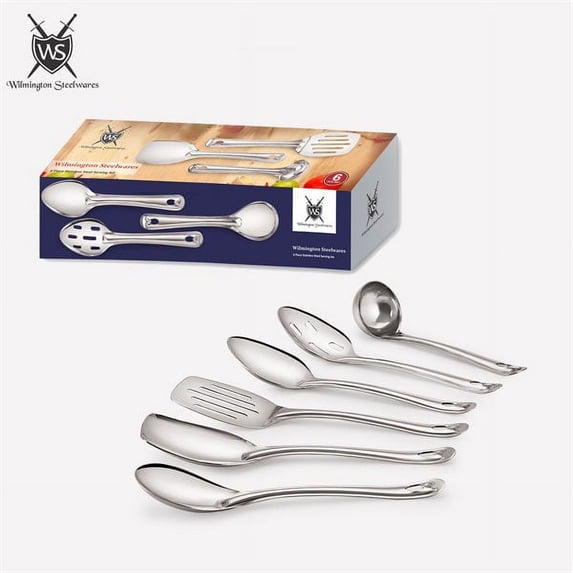 Premium 6 Piece 9" Stainless Steel Cooking & Serving Spoon Set, Includes Solid Spoon, Oval Spoon, Slotted Spoon, Ladel, Spatula & MultiServer - Heavy Gauge Durability - Modern Mirror Finish Flatware