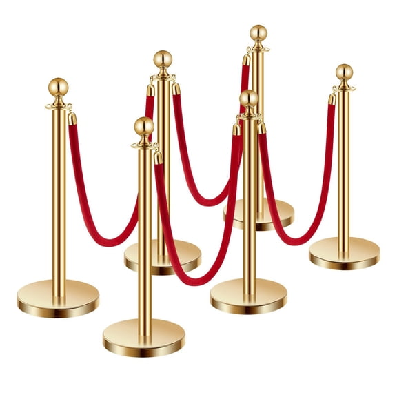 Premium 6-Piece Crowd Control Stanchion Set with Gold Posts, Red Ropes & Hollow Bases - Event & Party Supplies