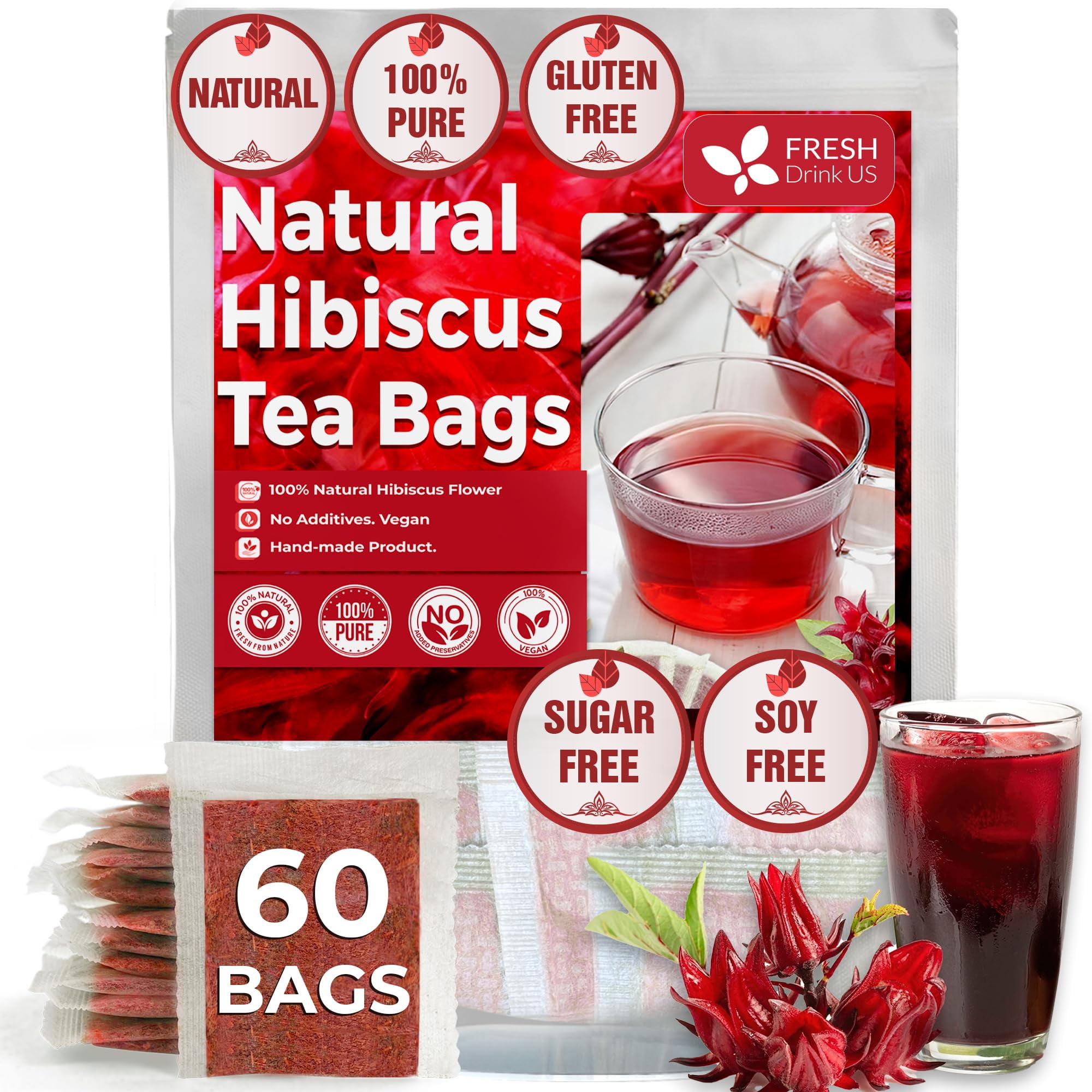 Premium 60 Hibiscus Flowers Tea Bags, 100 Natural, Pure from Hibiscus