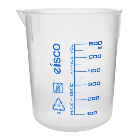 Premium 600mL Beaker - Polypropylene Plastic, Blue Screen Printed, 50mL Graduations, Eisco Labs