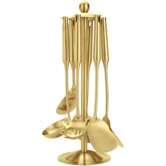 Premium 7-Piece Gold Kitchen Utensil Set with Stand, Stainless Steel Cooking Tools- Dishwasher Safe Ladle, Spoon, Spatula, Pasta Fork, Luxury Brass Kitchen Accessories for Home Chefs (Gold)