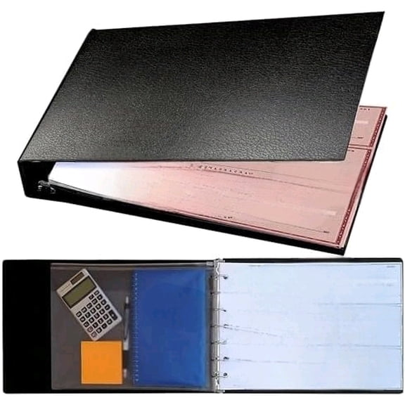 Premium 7 Ring Check Binder for Business Checks, 600 Checks Capacity for 9" x 13" Sheets, Sleek Black Textured Vinyl Check Book Cover with Zip Pouch and Calendar$$Office