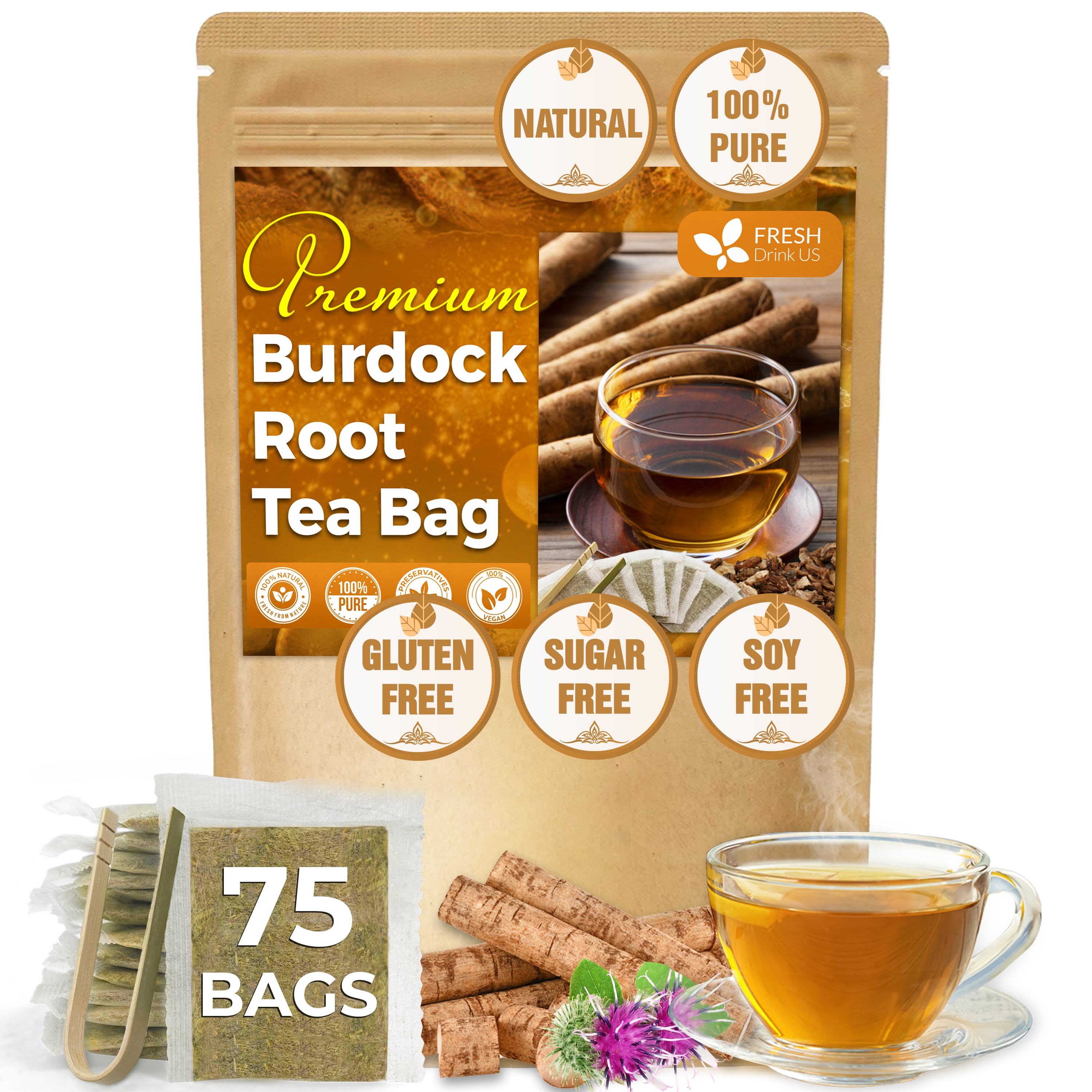 FRESHDRINKUS Organic Vegan Burdock Root Tea Bags 75 - Herbal & Caffeine ...