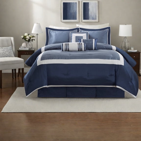 Premium 7Piece Bedding Set Hypoallergenic Polyester Contemporary Navy Design for Cal King