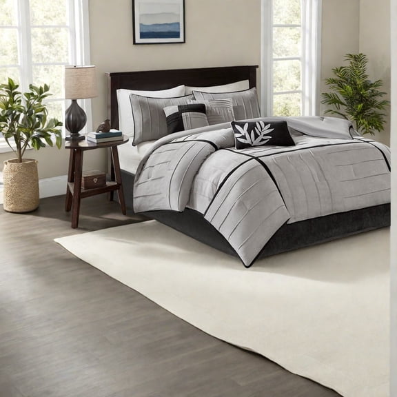 Premium 7Piece Bedding Sets Faux Suede Polyester Modern Grey King Comforter for Home