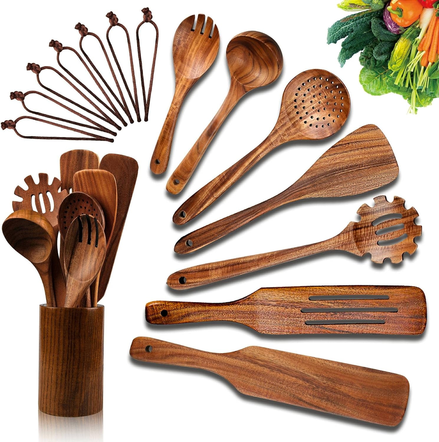 Premium 8 Piece Wooden Kitchen Utensil Set Natural Teak Wood Cooking Utensils with Holder