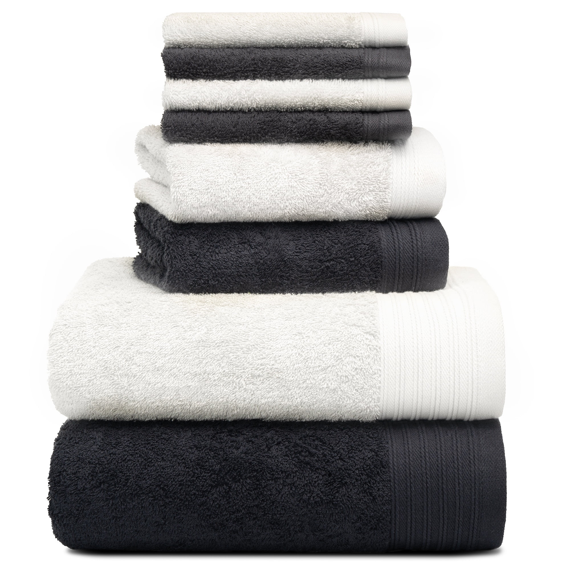 Premium 8 Pieces Towel Set including 2 Bath Towels 30" x 56", 2 Hand Towels 18" x 30" and 4 Washcloths 13" x 13" - Color: Black & White | 100% Cotton |Machine Washable high Absorbency