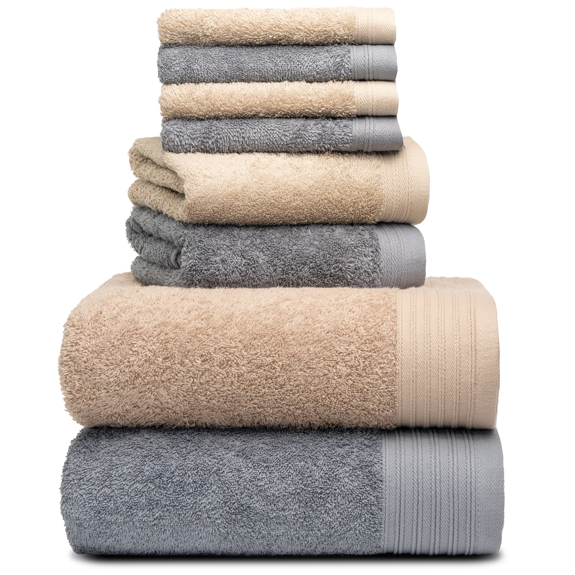 Premium 8 Pieces Towel Set including 2 Bath Towels 30" x 56", 2 Hand Towels 18" x 30" and 4 Washcloths 13" x 13" - Color: Dark Grey & Sand |100% Cotton |Machine Washable high Absorbency