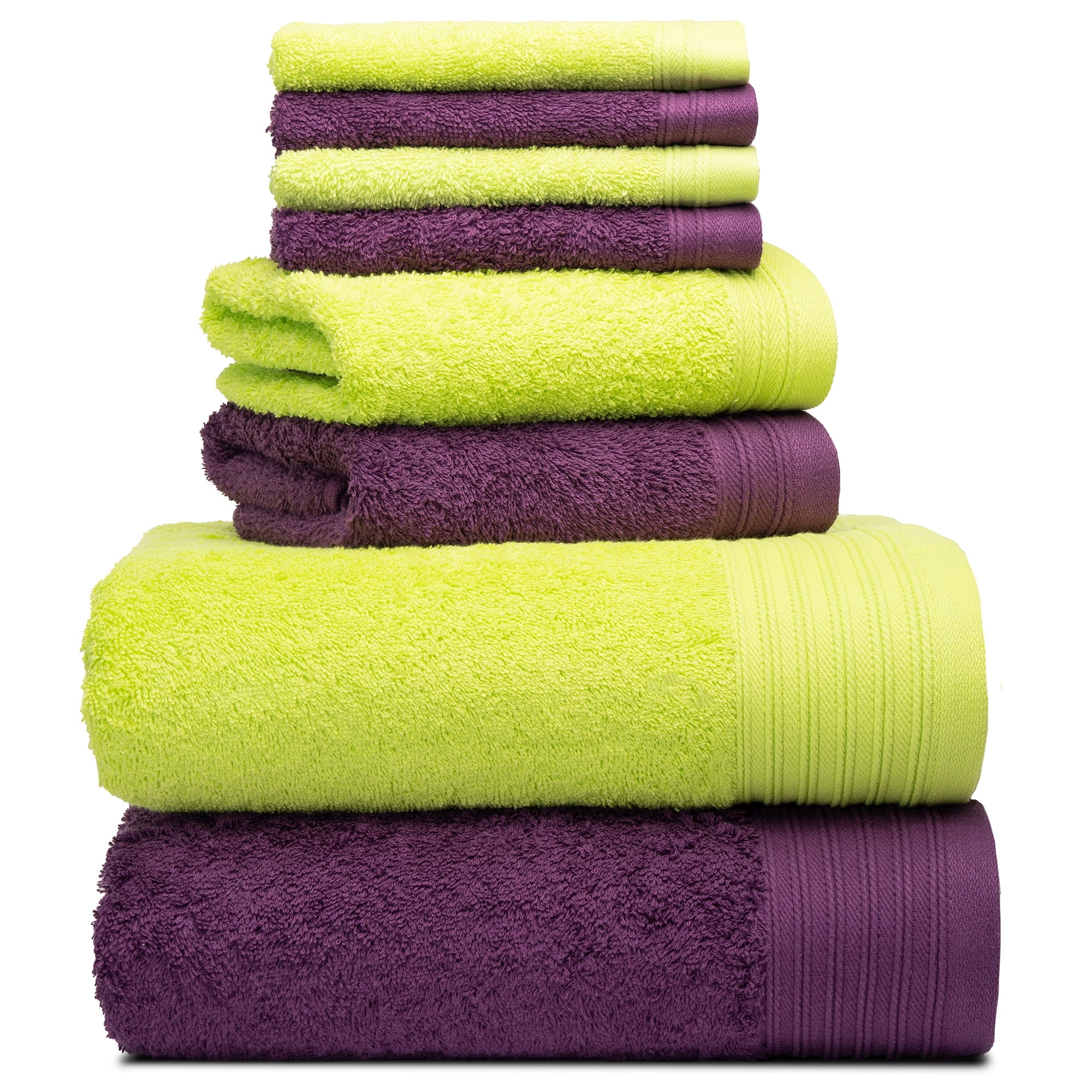 Premium 8 Pieces Towel Set including 2 Bath Towels 30" x 56", 2 Hand Towels 18" x 30" and 4 Washcloths 13" x 13" - Color: Green & Plum | 100% Cotton |Machine Washable high Absorbency