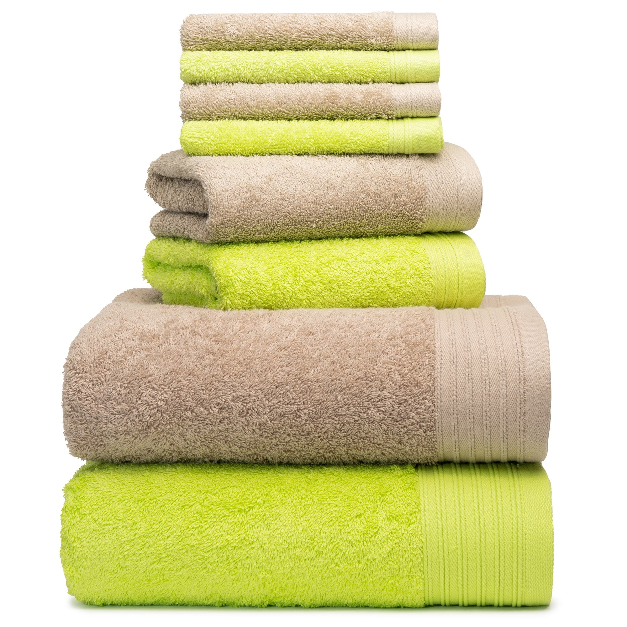 Premium 8 Pieces Towel Set including 2 Bath Towels 30" x 56", 2 Hand Towels 18" x 30" and 4 Washcloths 13" x 13" - Color: Green & Sand | 100% Cotton |Machine Washable high Absorbency