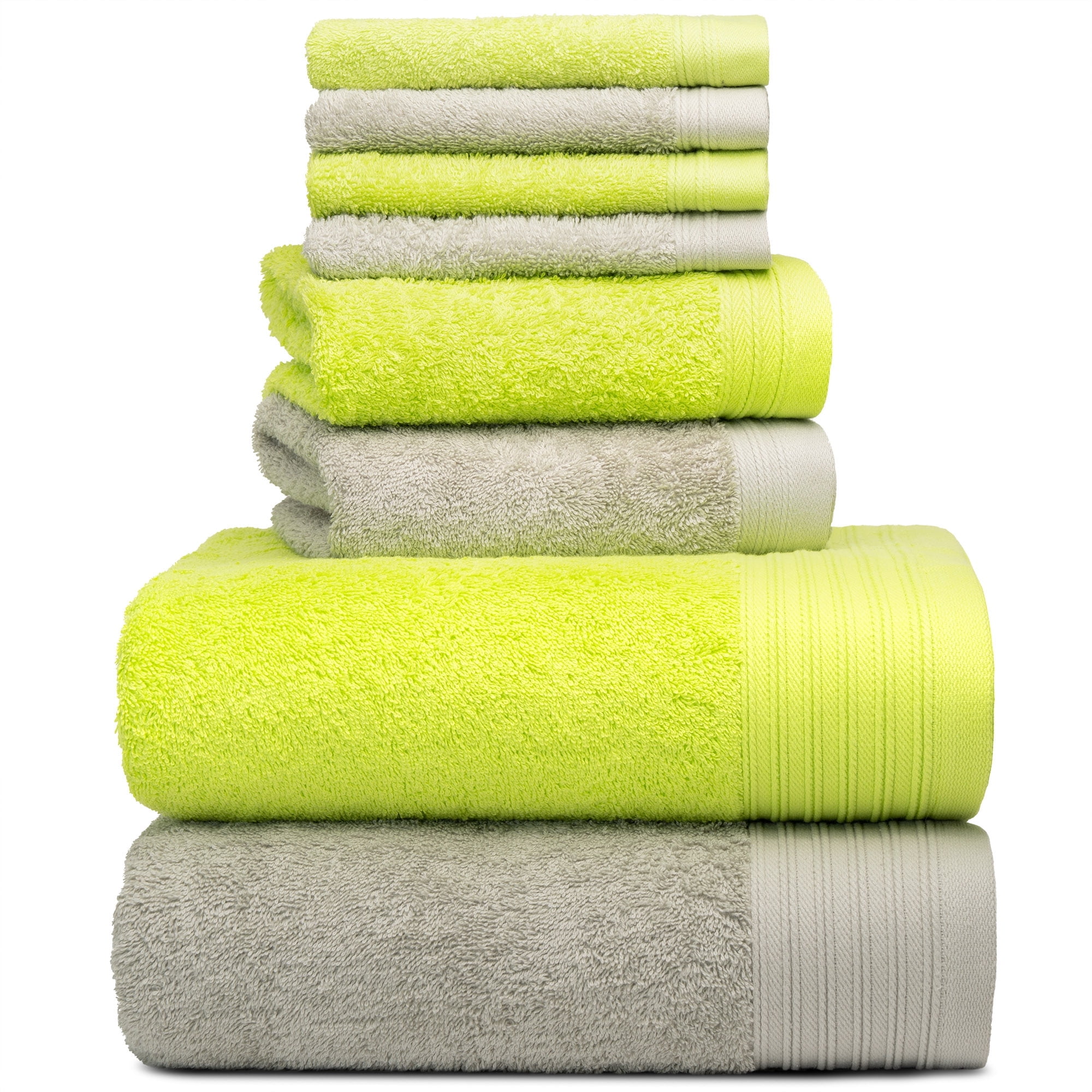 Premium 8 Pieces Towel Set including 2 Bath Towels 30" x 56", 2 Hand Towels 18" x 30" and 4 Washcloths 13" x 13" - Color: Green & Silver | 100% Cotton |Machine Washable high Absorbency