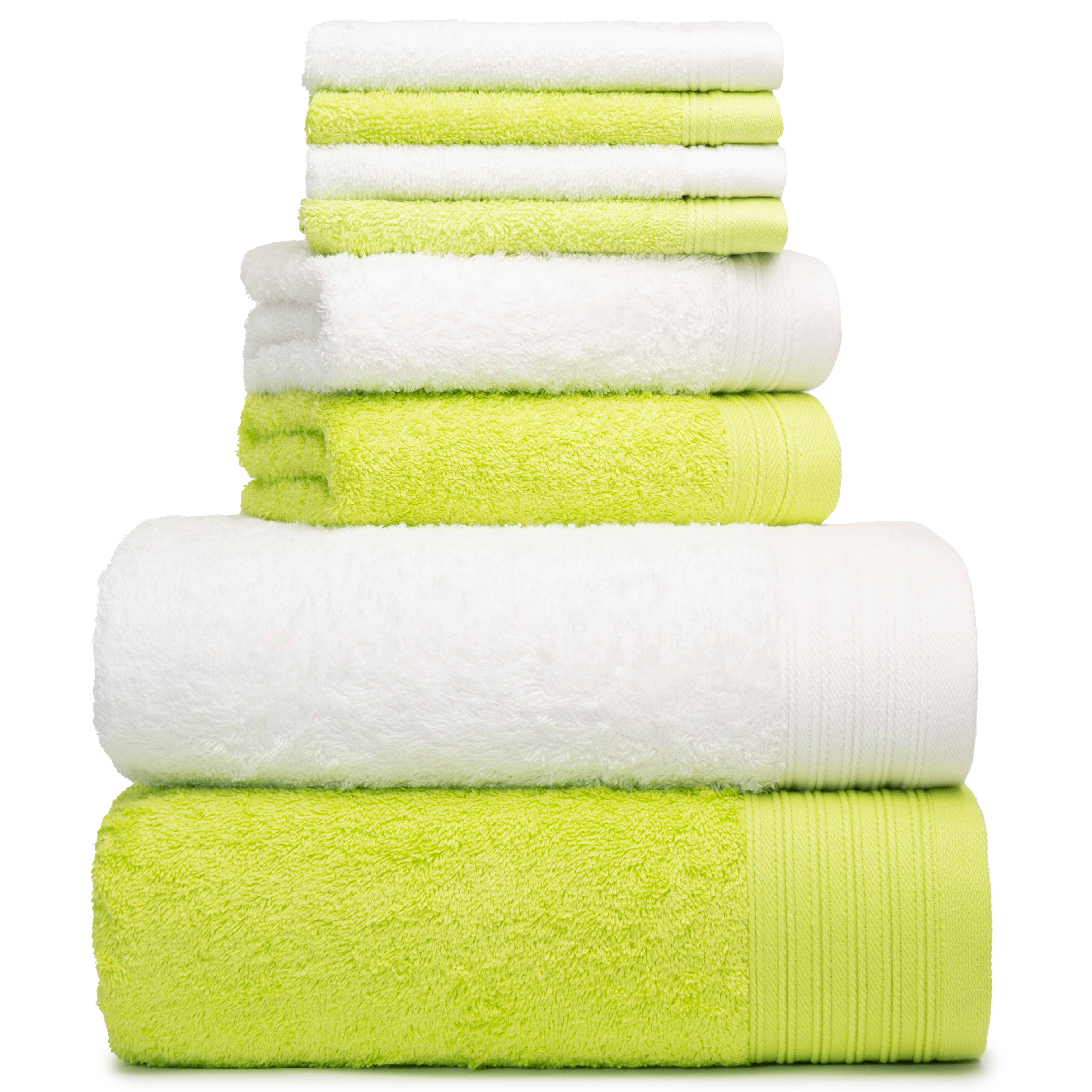Premium 8 Pieces Towel Set including 2 Bath Towels 30" x 56", 2 Hand Towels 18" x 30" and 4 Washcloths 13" x 13" - Color: Green & White | 100% Cotton |Machine Washable high Absorbency