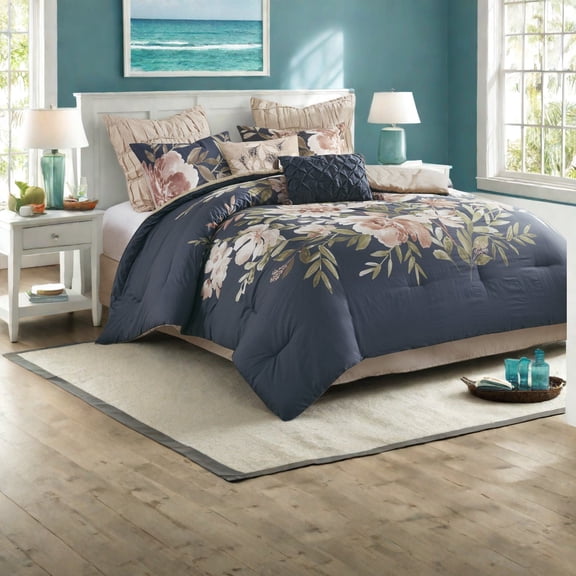 Premium 8Piece Bedding Sets Cotton Polyester Blend Shabby Chic Navy Floral Design for Cal King