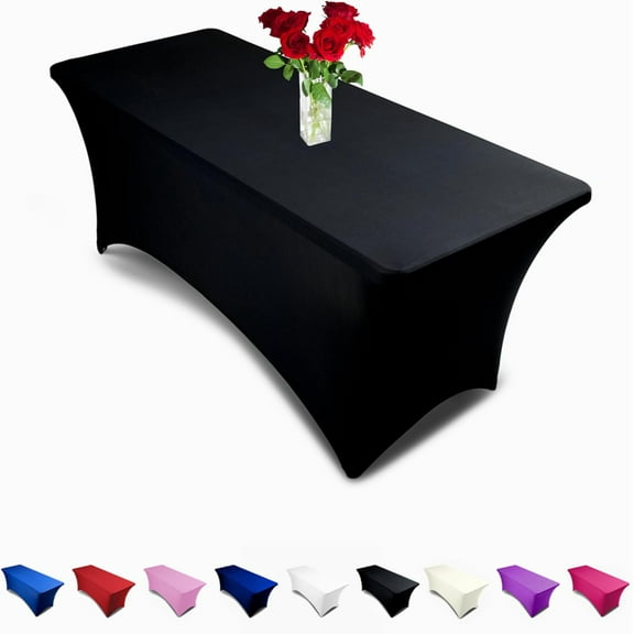 Premium 8ft Tablecloth Rectangular Spandex Linen - Black Table Cloth Fitted Cover for 8 Foot Folding Table, Wedding Linens Banquet Cloths Rectangle Covers