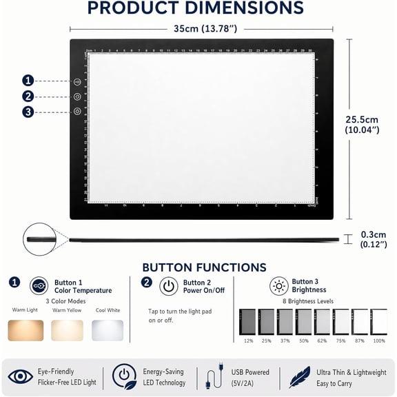 Premium A4 Tracing Light Box with Stand, 8 Levels Dimmable LED Light Pad for Diamond Art Painting & Weeding Vinyl, 3 Colors Backlit Ultra-Thin USB Light Board for Tracing, Drawing, Sketching, Design