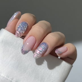 Premium ABS Short Almond Press On Nails French Blue Fish Scale Design Comfortable Wear For Housework Social Occasion