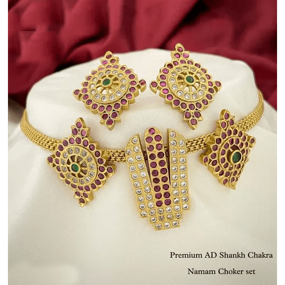 Premium AD Shankh Chakra Namam Choker Set – Traditional Temple Jewelry for Women