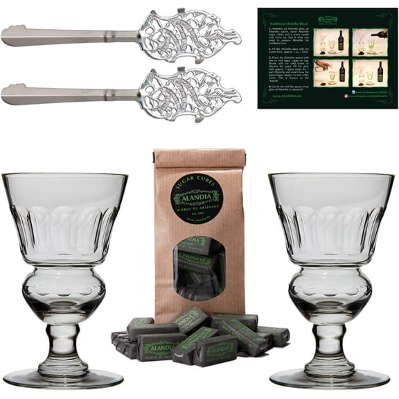 Premium Absinthe Spoons Glasses Set | The Original | 2x Reservoir Glasses | 2x Stainless Steel Spoons | 1x Sugar Cubes | 1x Instructions card