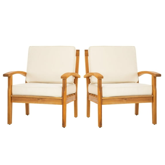 Premium Acacia Patio Wood Club Chairs Set of 2, Teak Finish Furniture Sets with Thick Cushion