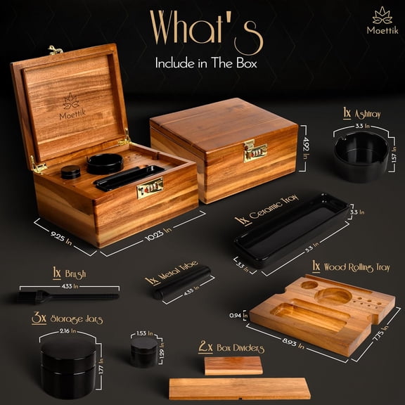 Premium Acacia Storage Box with Smell Proof Design and Accessories