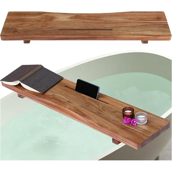 Premium Acacia Wood Bathtub Tray with Adjustable Legs, Design Bath Tray for Tub, Bathtub Accessories, Fit Standard and Against Wall Bath Tubs, Gift Idea for Women
