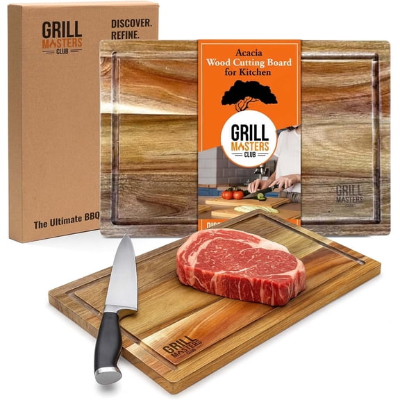 Premium Acacia Wood Cutting Board for Kitchen | Large Wooden Cutting Board with Juice Groove | Lightweight Grill for BBQ Masters, & Cooking Enthusiasts-Ideal for Gift